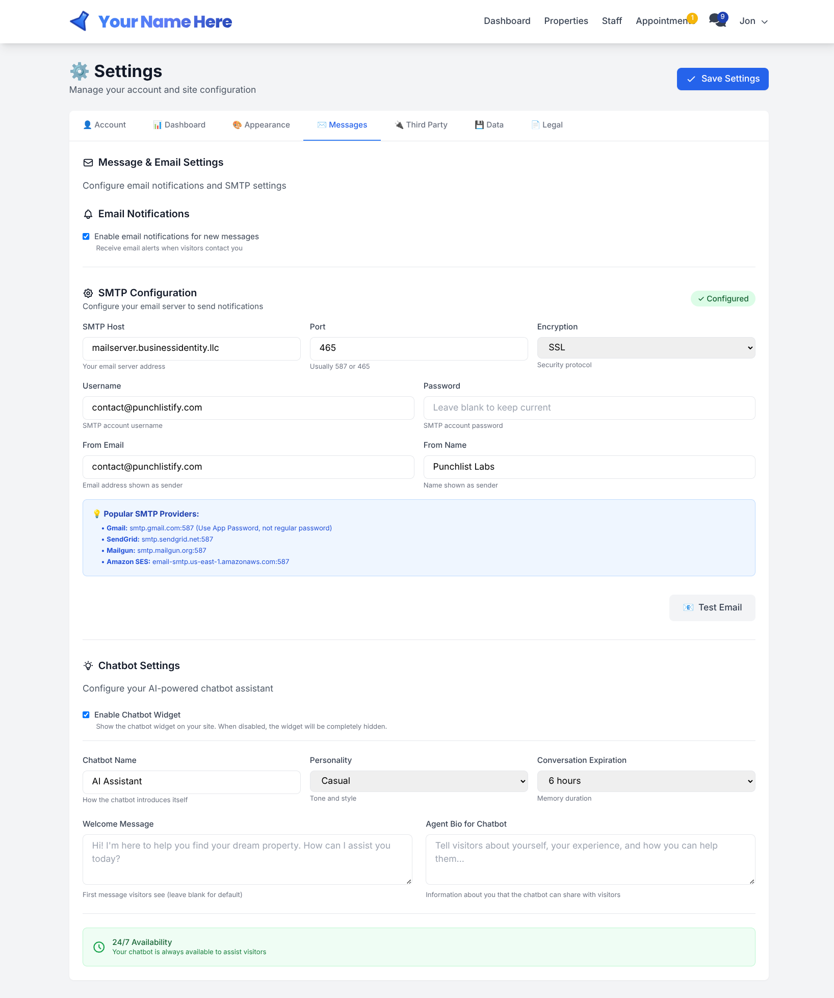 Messages & Chatbot Settings